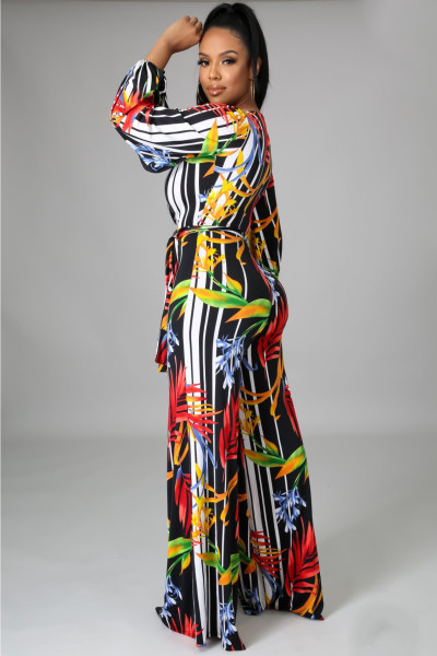 Fashion digital printing long-sleeved V-neck jumpsuit SMR10289