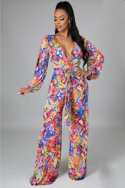 Fashion digital printing long-sleeved V-neck jumpsuit SMR10289