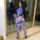 Fashion net yarn printing splicing suit two-piece suit SMR10141
