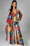 Fashion digital printing long-sleeved V-neck jumpsuit SMR10289