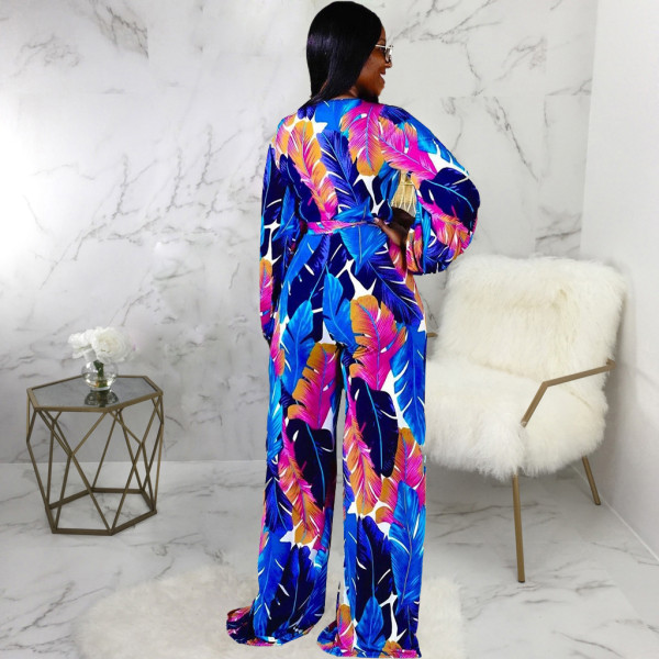 Fashion digital printing long-sleeved V-neck jumpsuit SMR10289