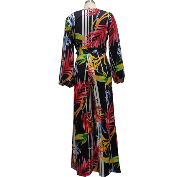 Fashion digital printing long-sleeved V-neck jumpsuit SMR10289