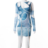 New tie-dye long-sleeved hollow stitching fringed irregular dress Q21DS203