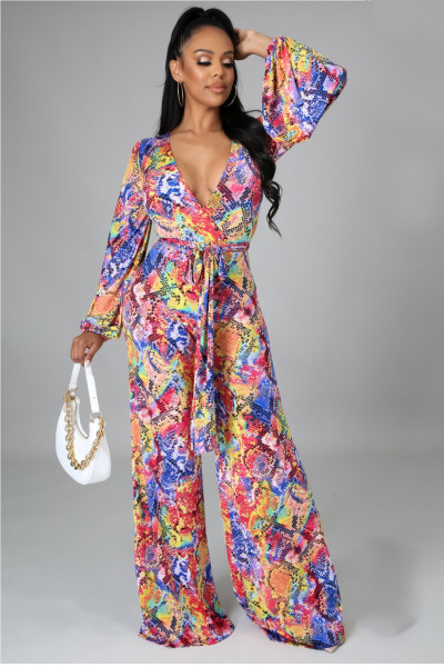 Fashion digital printing long-sleeved V-neck jumpsuit SMR10289