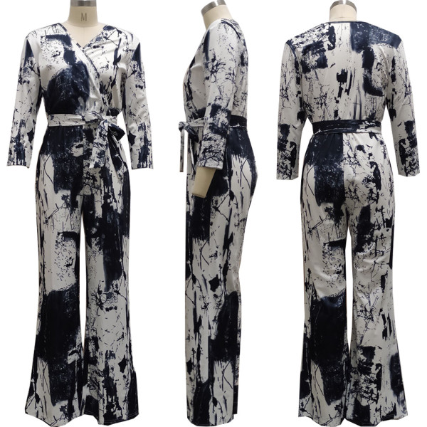 Sexy fashion digital printing long-sleeved V-neck jumpsuit SMR10160