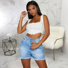 Fashion all-match slim-fitting washed-hole stretch denim shorts HSF2425