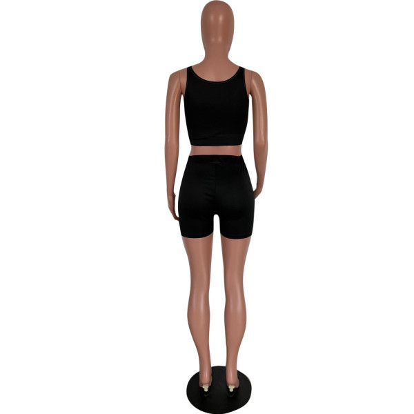 Summer sexy pants suit thin slim-fit knit stitching vest shorts solid color black casual suit HM5472