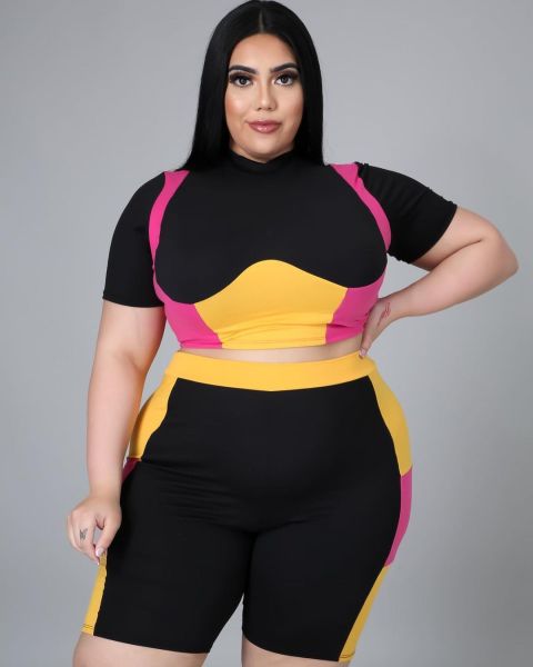Plus size women's fashion color contrast printing sports T-shirt two-piece suit XY9108