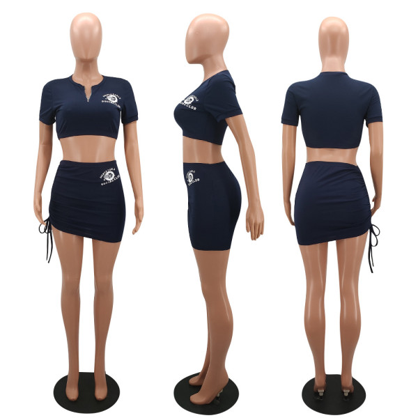 New fashion casual solid color printing sports slim drawstring skirt suit Y7016