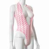XO print stitching halterneck deep V sexy halter bodysuit A21BS158
