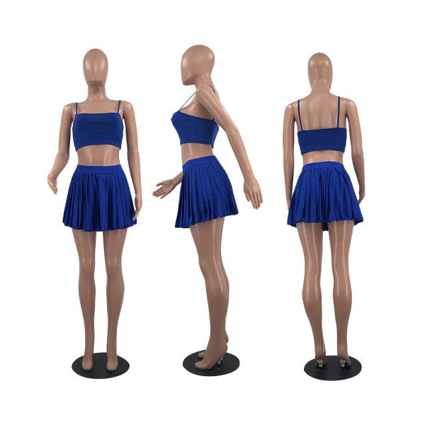 Fashion Leisure Sports Pleated Skirt Sling Pure Color Tennis Suit W8392