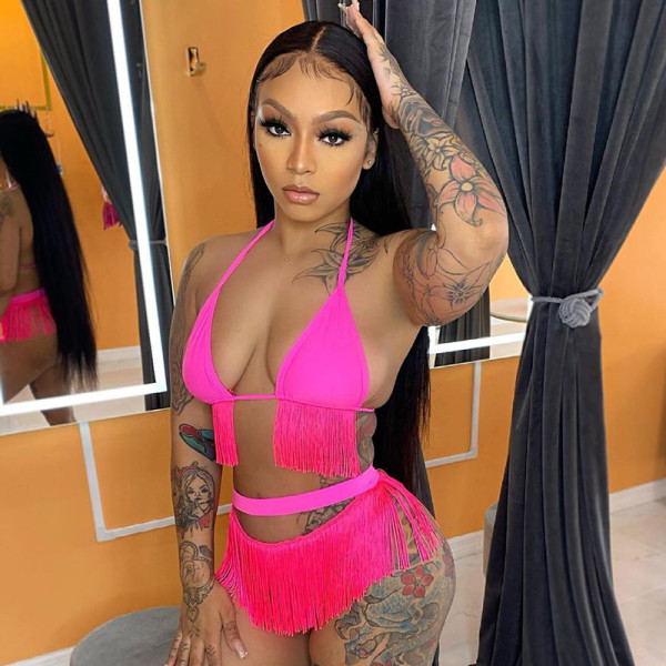 New solid color sexy halter tassel halterneck bikini high waist shorts two-piece suit K21ST291