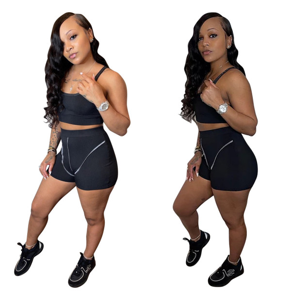 Summer sexy pants suit thin slim-fit knit stitching vest shorts solid color black casual suit HM5472