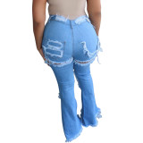 Fashion all-match personality ripped hole washed high-waist stretch flared pants HSF2259