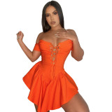 Solid color strapless cross-tie eyelet ruffle dress R21DS204