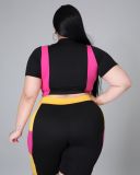 Plus size women's fashion color contrast printing sports T-shirt two-piece suit XY9108