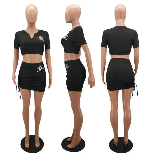 New fashion casual solid color printing sports slim drawstring skirt suit Y7016