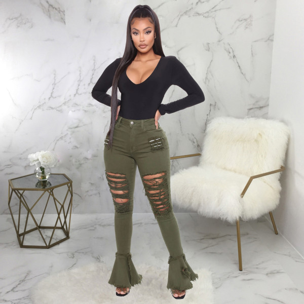 Fashion all-match washable hole trend stitching micro flared pants HSF2277