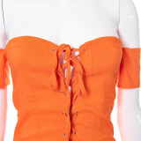 Solid color strapless cross-tie eyelet ruffle dress R21DS204