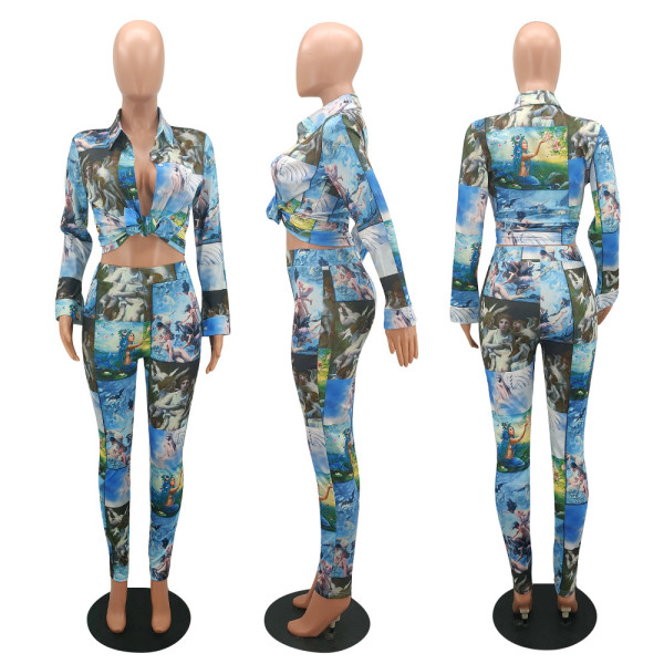 Fashion casual popular trend graffiti cartoon print element pants suit Y7019