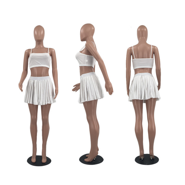 Fashion Leisure Sports Pleated Skirt Sling Pure Color Tennis Suit W8392