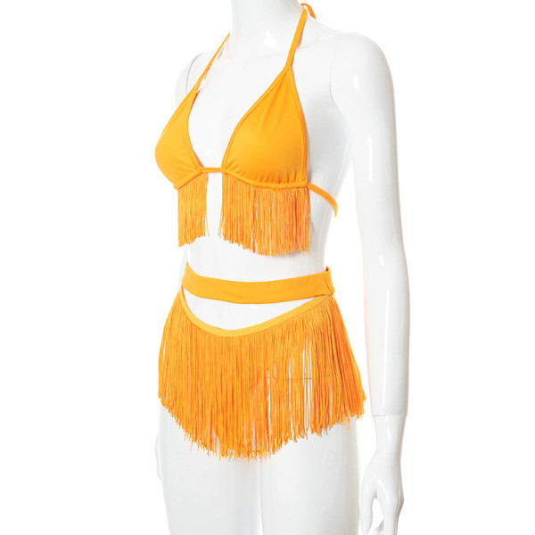 New solid color sexy halter tassel halterneck bikini high waist shorts two-piece suit K21ST291