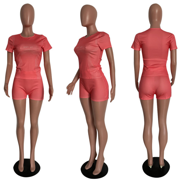 Fashion Slim Sports Pants Set Pure Color Short Sleeve Shorts Casual T-shirt Sports Two-piece Set HM5475
