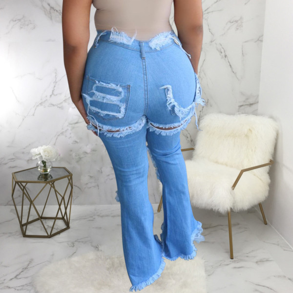 Fashion all-match personality ripped hole washed high-waist stretch flared pants HSF2259
