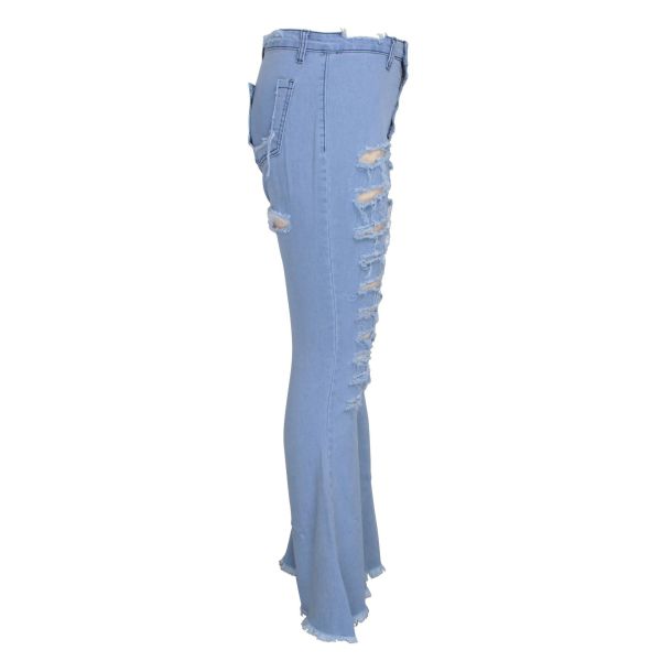 Fashion all-match personality ripped hole washed high-waist stretch flared pants HSF2259