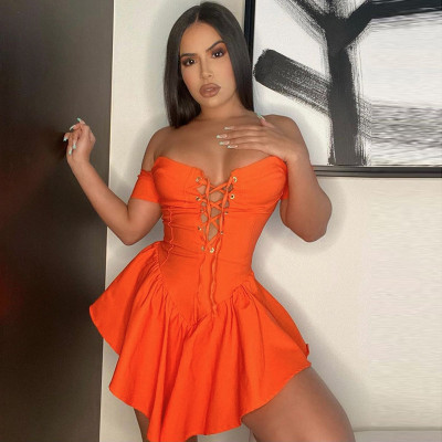 Solid color strapless cross-tie eyelet ruffle dress R21DS204