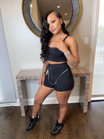 Summer sexy pants suit thin slim-fit knit stitching vest shorts solid color black casual suit HM5472