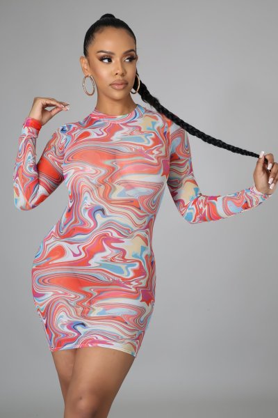 Fashion nightclub high stretch mesh printed dress SMR10237