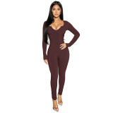 Knitted solid color high waist skinny sexy low-cut sports casual jumpsuit K21Q02877