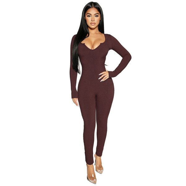 Knitted solid color high waist skinny sexy low-cut sports casual jumpsuit K21Q02877