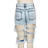 Fashion hand-worn high waist washed elastic denim shorts HSF2258