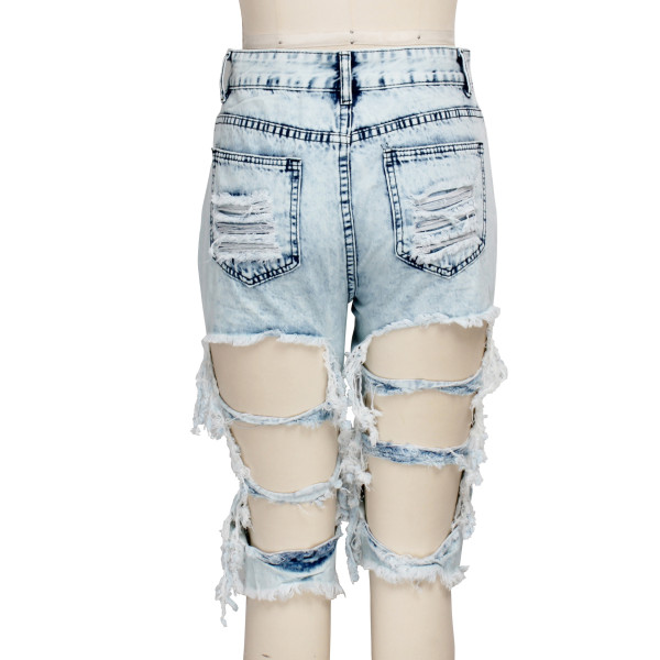 Fashion hand-worn high waist washed elastic denim shorts HSF2258