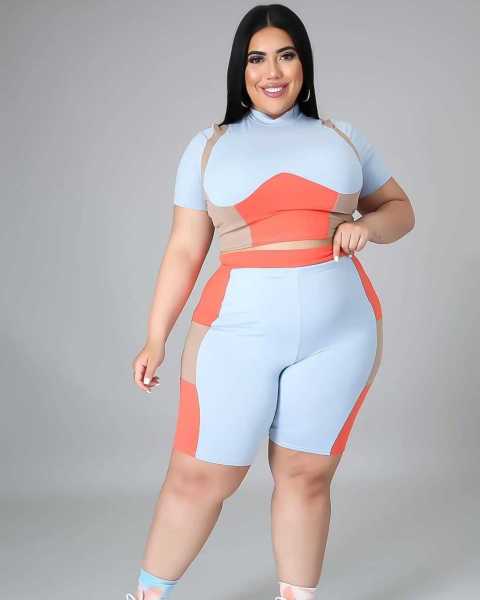 Plus size women's fashion color contrast printing sports T-shirt two-piece suit XY9108