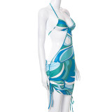 Printed Halter Halter Irregular Tie Lace Open Back Dress K21DS271