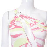 Printed one-shoulder ring hollow pleated lace-up short dress R21DS202