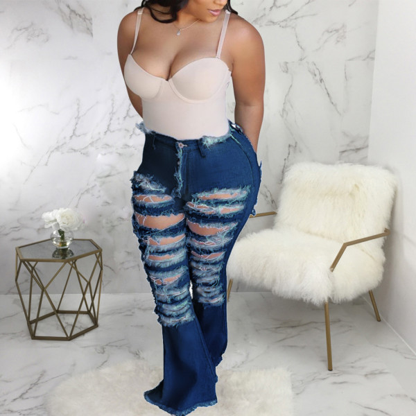 Fashion all-match personality ripped hole washed high-waist stretch flared pants HSF2259