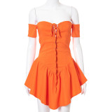 Solid color strapless cross-tie eyelet ruffle dress R21DS204