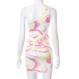 Printed one-shoulder ring hollow pleated lace-up short dress R21DS202