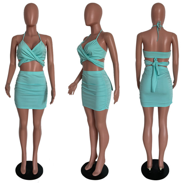 Pure color skirt suit splicing suspenders V-neck slim-fit cross section solid color retro two-piece suit HM5473