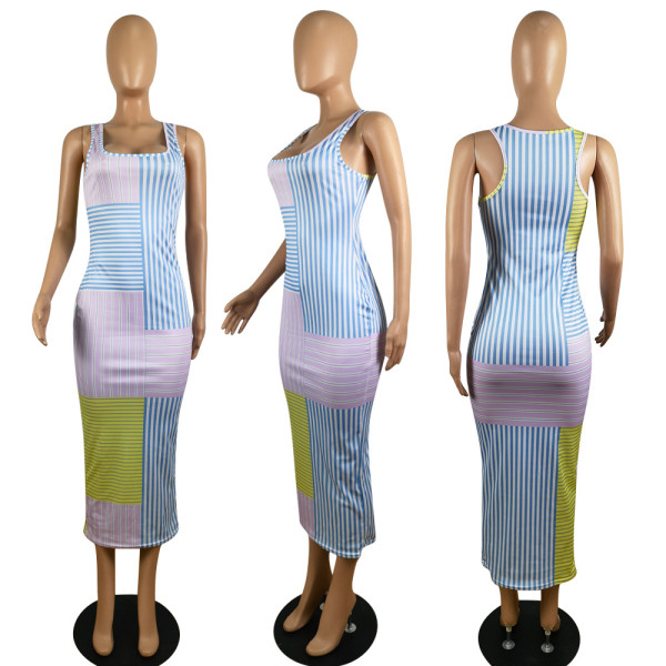 Summer new vest printed striped dress p8604