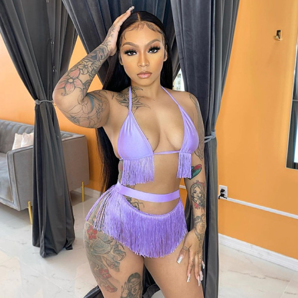 New solid color sexy halter tassel halterneck bikini high waist shorts two-piece suit K21ST291