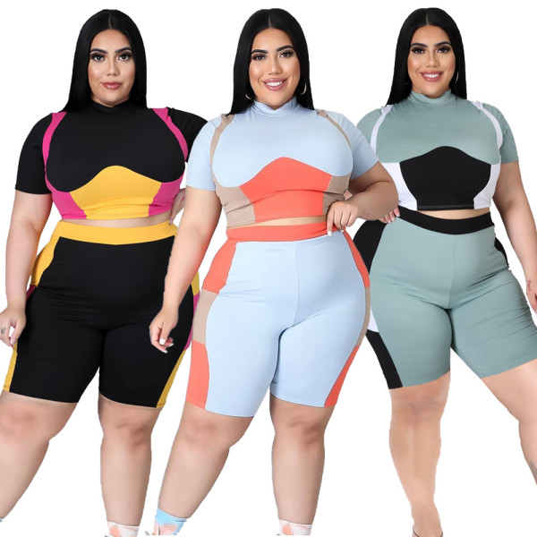Plus size women's fashion color contrast printing sports T-shirt two-piece suit XY9108