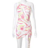 Printed one-shoulder ring hollow pleated lace-up short dress R21DS202