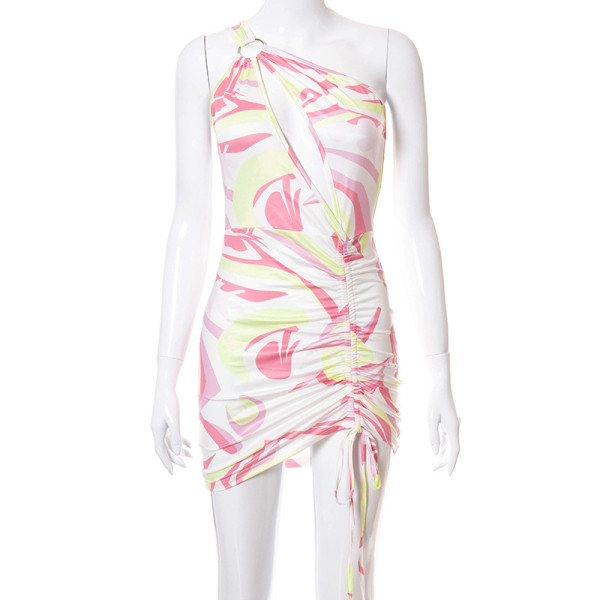 Printed one-shoulder ring hollow pleated lace-up short dress R21DS202
