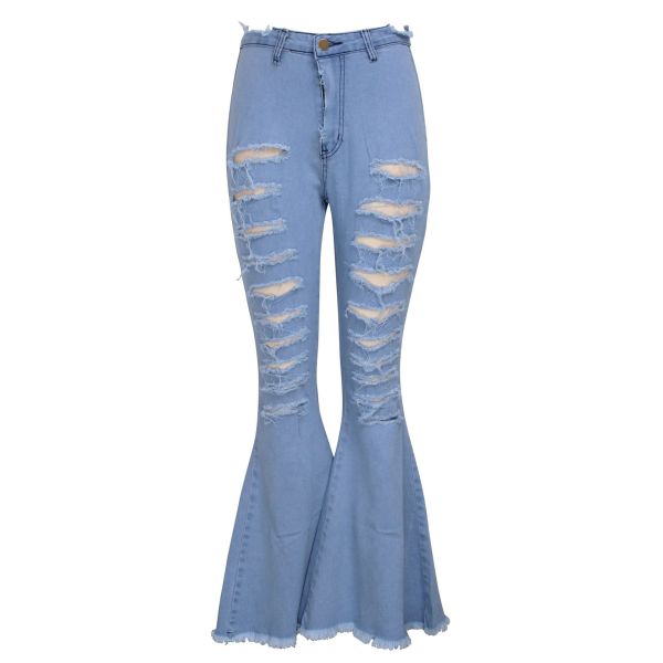 Fashion all-match personality ripped hole washed high-waist stretch flared pants HSF2259