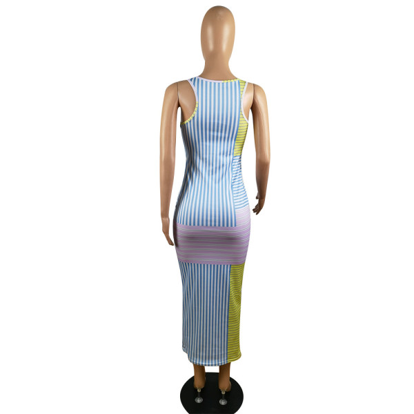 Summer new vest printed striped dress p8604